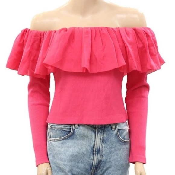 By Anthropologie Off-The-Shoulder Organza Ruffle Top Small Pink - Picture 6 of 9